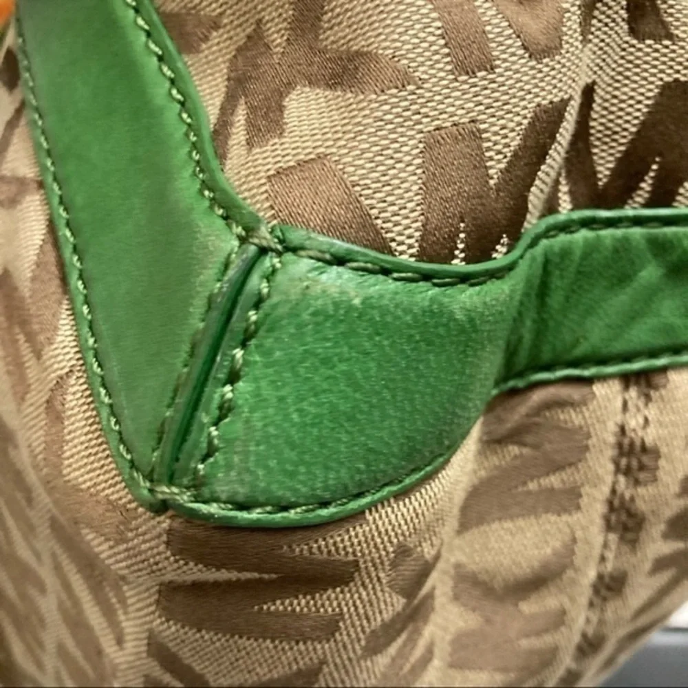 Michael Kors signature mk brown with green leather shoulder bag